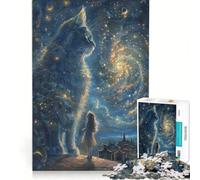 Puzzle per adulti da 1000 pezzi: Gatto con stelle nel cielo e ragazza, gioco pratico, rilassante e stimolante per la mente, ideale come decorazione da scrivania 38x52cm