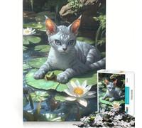 Puzzle per adulti da 1000 pezzi: gatto Cornish Rex e rana su una ninfea, gioco per famiglie, migliora la memoria, ideale come regalo per tutta la famiglia 38x52cm
