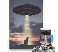Puzzle per adulti da 1000 pezzi: Gatto e UFO al tramonto, gioco per famiglie, migliora la memoria, ideale come regalo per tutta la famiglia 38x26cm