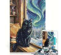 Puzzle per adulti da 1000 pezzi: Gatto nero alla finestra con aurora boreale, gioco pratico, divertente e spiritoso, ideale come decorazione da scrivania 38x26cm