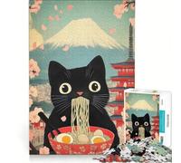 Puzzle per adulti da 1000 pezzi: Gatto nero che mangia ramen con il Monte Fuji sullo sfondo, gioco impossibile, attività divertenti da fare in casa, regali di Natale e compleanno 38x52cm