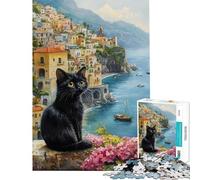 Puzzle per adulti da 1000 pezzi: Gatto nero in riva al mare Gioco interattivo decorazione perfetta compleanno e Natale (dimensioni 38x26cm)