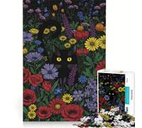 Puzzle per adulti da 1000 pezzi: Gatto nero in un giardino fiorito, gioco interattivo, difficile e stimolante, collezione d'artista, belle arti 38x26cm