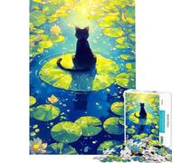 Puzzle per adulti da 1000 pezzi: Gatto nero su ninfea Pound Lake Divertimento a casa gioco di assemblaggio per ragazzi dai 14 anni in su (38x52cm)