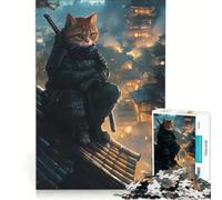 Puzzle per adulti da 1000 pezzi: Gatto Samurai in una città giapponese, gioco pratico, rilassante e stimolante, ideale come decorazione da scrivania 38x52cm
