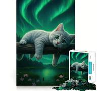 Puzzle per adulti da 1000 pezzi "Gatto sotto l'aurora boreale" con taglio netto,sfida creativa,gioco divertente per il tempo libero,regalo di compleanno (38x26cm)