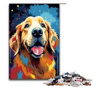 Puzzle per adulti da 1000 pezzi Golden Retriever nel cratere circondato da un modello di assemblaggio aiuta il cervello a esercitare i giocattoli avvincenti per coltivare la pazienza 75x50 cm