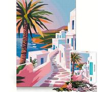 Puzzle per adulti da 1000 pezzi Grecia Mykonos Minimalista Bordo pulito Decorazione Sfida mentale Gioco rilassante Regalo di Natale artistico (38x26cm)