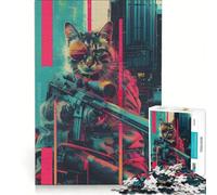 Puzzle per adulti da 1000 pezzi: Il gatto cecchino cyberpunk gioco divertente antistress con pezzi a incastro di forma casuale 38x52cm