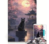 Puzzle per adulti da 1000 pezzi "Il gatto nella notte di luna Giappone" gioco rompicapo antistress lista dei desideri con Babbo Natale 38x52cm