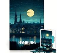 Puzzle per adulti da 1000 pezzi,illustrazione dello skyline notturno di Amburgo,Germania,con bordi sottili,gioco creativo per risolvere problemi,rilassante,per compleanno,artistico (50x75cm)