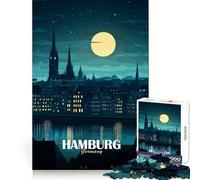 Puzzle per adulti da 1000 pezzi,illustrazione dello skyline notturno di Amburgo,Germania,con intagli precisi Gioco creativo per la mente,gioco per momenti di relax,arte natalizia per il tempo libero