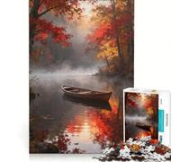 Puzzle per adulti da 1000 pezzi, Lago autunnale con barca e nebbia, gioco per famiglie, migliora la memoria, adatto come decorazione da scrivania, 38x26cm