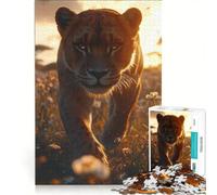 Puzzle per adulti da 1000 pezzi Leonessa che cammina in un campo al tramonto gioco pratico ma divertente e spiritoso ideale come idea regalo con Babbo Natale 50x75cm