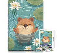 Puzzle per adulti da 1000 pezzi, lontra carina nello stagno con ninfee, gioco di sfida unico, decorazione artistica per la casa, regalo per compleanni, dimensioni 38x52cm