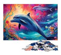 Puzzle per adulti da 1000 pezzi motivo: delfini colorati in legno per la decorazione della casa (dimensioni 75x50 cm)