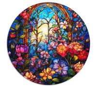 Puzzle per adulti da 1000 pezzi,motivo: giardino in vetro colorato,puzzle rotondo in cartone,rompicapo impegnativo per adolescenti,perfetto come decorazione per la casa o come regalo (67,5x67,5 cm)