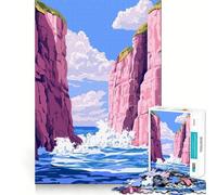 Puzzle per adulti da 1000 pezzi,paesaggio tranquillo con scogliere rosa pastello e onde dell'oceano,illustrazione artistica minimalista,taglio liscio,gioco creativo,divertimento per il tempo libero