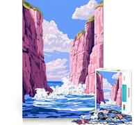 Puzzle per adulti da 1000 pezzi,paesaggio tranquillo con scogliere rosa pastello e onde dell'oceano,illustrazione artistica minimalista,giunture lisce,divertimento,risoluzione di problemi