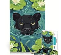 Puzzle per adulti da 1000 pezzi Pantera Nera nello stagno delle ninfee,taglio preciso,divertente,attività stimolante per la mente,svago,regalo di compleanno per gli appassionati di hobby 38x26cm