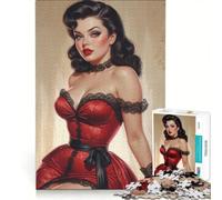 Puzzle per adulti da 1000 pezzi, pin-up mora in abito rosso, gioco divertente, rilassante e stimolante per la mente, per rafforzare l'amore tra le coppie, 50x75cm