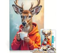 Puzzle per adulti da 1000 pezzi raffigurante un cervo che si gode il caffè del mattino, gioco fai-da-te, gara di velocità manuale, con pezzi di forma casuale completamente ad incastro 38x52cm