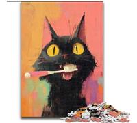 Puzzle per adulti da 1000 pezzi, raffigurante un gatto nero che si lava i denti, in cartone, ideale come decorazione fai da te e come regalo rompicapo (dimensioni 26x38cm)
