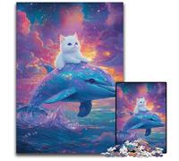 Puzzle per adulti da 1000 pezzi, raffigurante un gatto su un delfino, in cartone, giocattolo educativo, ideale come regalo per tutta la famiglia dai 14 anni in su, 26x38cm