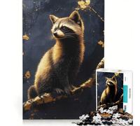 Puzzle per adulti da 1000 pezzi raffigurante un procione su un ramo con dettagli dorati Giochi rilassanti e divertenti da fare in casa con poster e foglio di curiosità abbinati 50x75cm