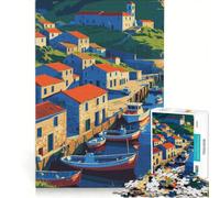 Puzzle per adulti da 1000 pezzi raffigurante un villaggio costiero con barche e tetti rossi, ideale per momenti di relax, attività genitore-figlio, regalo di compleanno o di viaggio 50x75cm