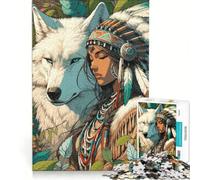 Puzzle per adulti da 1000 pezzi raffigurante una donna nativa americana e un lupo ideale per giochi in famiglia e decorazioni murali con pezzi a incastro di forma casuale 38x26cm