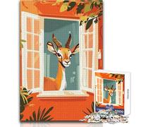 Puzzle per adulti da 1000 pezzi,raffigurante una gazzella che guarda attraverso la finestra,illustrazione di un'attività di svago rilassante e pacifica,ideale per giocare,tagliare con precisione