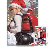 Puzzle per adulti da 1000 pezzi, raffigurante una ragazza anime con un cappello da Babbo Natale, divertente e umoristico, perfetto per una serata di giochi e divertimento in famiglia,38x52cm