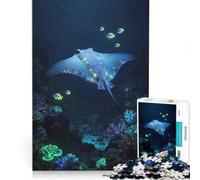 Puzzle per adulti da 1000 pezzi raffigurante una razza luminosa nella barriera corallina, un gioco rilassante e divertente da fare a casa, con poster e foglio di curiosità abbinati 38x26cm