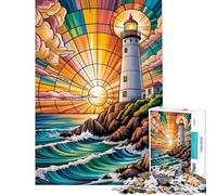 Puzzle per adulti da 1000 pezzi raffigurante una vetrata artistica che simboleggia la meditazione e la serenità con un faro luminoso al tramonto Un gioco interattivo un'opera d'arte Un unico
