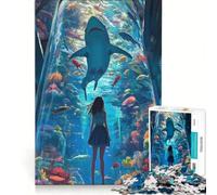 Puzzle per adulti da 1000 pezzi: Ragazza che guarda uno squalo in una vasca, gioco rompicapo, difficile, ideale come regalo per tutta la famiglia 38x52cm