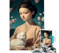 Puzzle per adulti da 1000 pezzi ritratto di donna asiatica con gatto bianco giocattolo educativo gioco per famiglie sfida impegnativa regalo di Babbo Natale segreto (dimensioni 38x26cm)