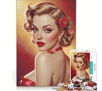 Puzzle per adulti da 1000 pezzi, ritratto di una pin-up bionda con abito rosso, gioco divertente, antistress, con pezzi a incastro di forma casuale 38x26cm