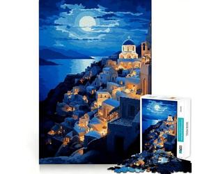 Puzzle per adulti da 1000 pezzi, Santorini Pixel Art, design dai bordi precisi, giocattolo creativo, gioco rilassante, pezzo d'arte natalizio (38x52cm)