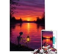 Puzzle per adulti da 1000 pezzi scheletro con lanterna in riva al fiume al tramonto Giocattolo educativo per tutta la famiglia Regalo di Babbo Natale segreto (dimensioni 38x52cm)