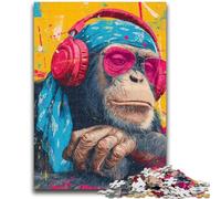 Puzzle per adulti da 1000 pezzi Scimmia con cuffie Difficile da completare ma divertente e umoristico, con poster abbinato e foglio di quiz 26x38cm