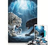 Puzzle per adulti da 1000 pezzi: Scontro tra leopardo delle nevi e pantera Giochi rilassanti attività divertenti da fare a casa con poster abbinato e foglio di curiosità 38x26cm