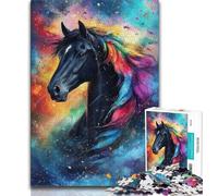 Puzzle per adulti da 1000 pezzi, splendido cavallo nero, antistress, ideale per trascorrere il tempo in casa, con poster abbinato e foglio di quiz (75x50cm)