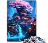 Puzzle per adulti da 1000 pezzi, tempio con cascata al neon, antistress, sfida difficile, ideale come regalo per tutta la famiglia, 38x26cm