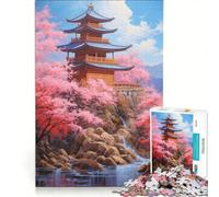 Puzzle per adulti da 1000 pezzi, Tempio in fiore di ciliegio, Decorazione da parete, Gioco per passare il tempo durante le vacanze a casa, Bellissimo gioco dal design 50x75cm
