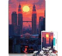 Puzzle per adulti da 1000 pezzi Torri Gemelle al tramonto per ammazzare il tempo durante le vacanze con poster abbinato e foglio di quiz 26x38cm