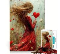 Puzzle per adulti "Donna che tiene un cuore in un campo",1000 pezzi,gioco di allenamento cognitivo,incastro perfetto,senza spazi vuoti,attività rilassante per la pausa mentale (50x75cm)