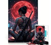 Puzzle per adulti "Donna tatuata con katana e luna rossa" da 1000 pezzi, giocattolo intelligente per la famiglia, taglio preciso, regalo stagionale 38x52cm