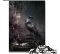 Puzzle per adulti e adolescenti, 1000 pezzi, corvo in piedi su un libro, antistress Staycation Kill Time con poster e foglio di curiosità abbinati, 38 x 26 cm