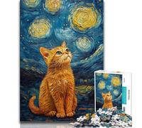 Puzzle per adulti e adolescenti con gatto arancione e cielo notturno, aiuta il cervello a esercitare i giocattoli avvincenti per coltivare la pazienza e l'interazione genitore-figlio, 38x26cm